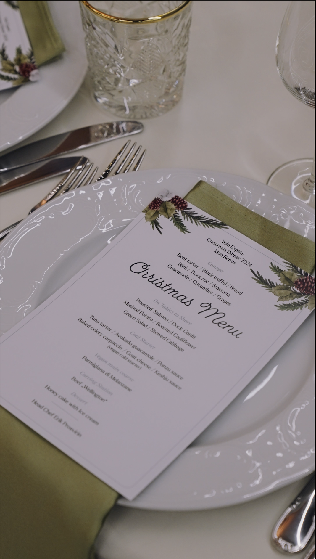 Christmas dinner menu on a styled table setting